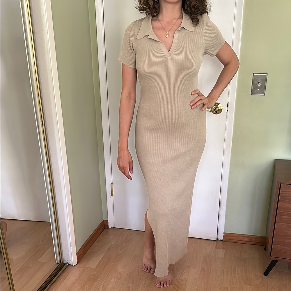 Emory Park Tan Ribbed Sheath Maxi Dress